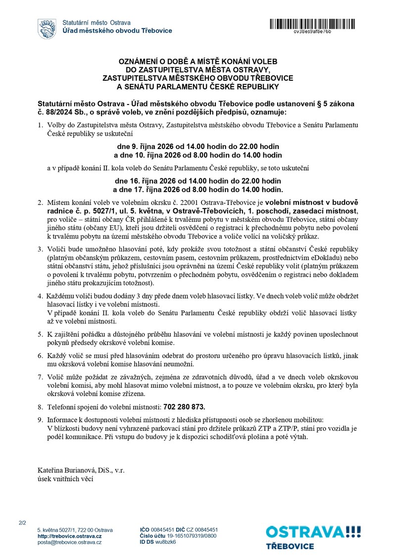 OZNÁMENÍ O DOBĚ A MÍSTĚ KONÁNÍ VOLEB V MĚSTSKÉM OBVODU TŘEBOVICE